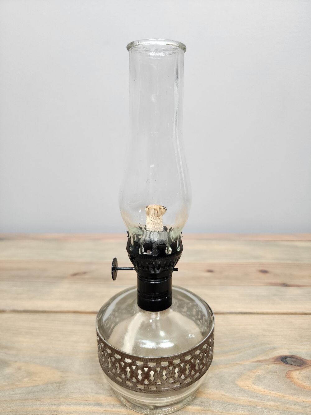 Wrapped Metal Band Glass Oil Lamp Made in Hong Kong 8 1/2" Tall